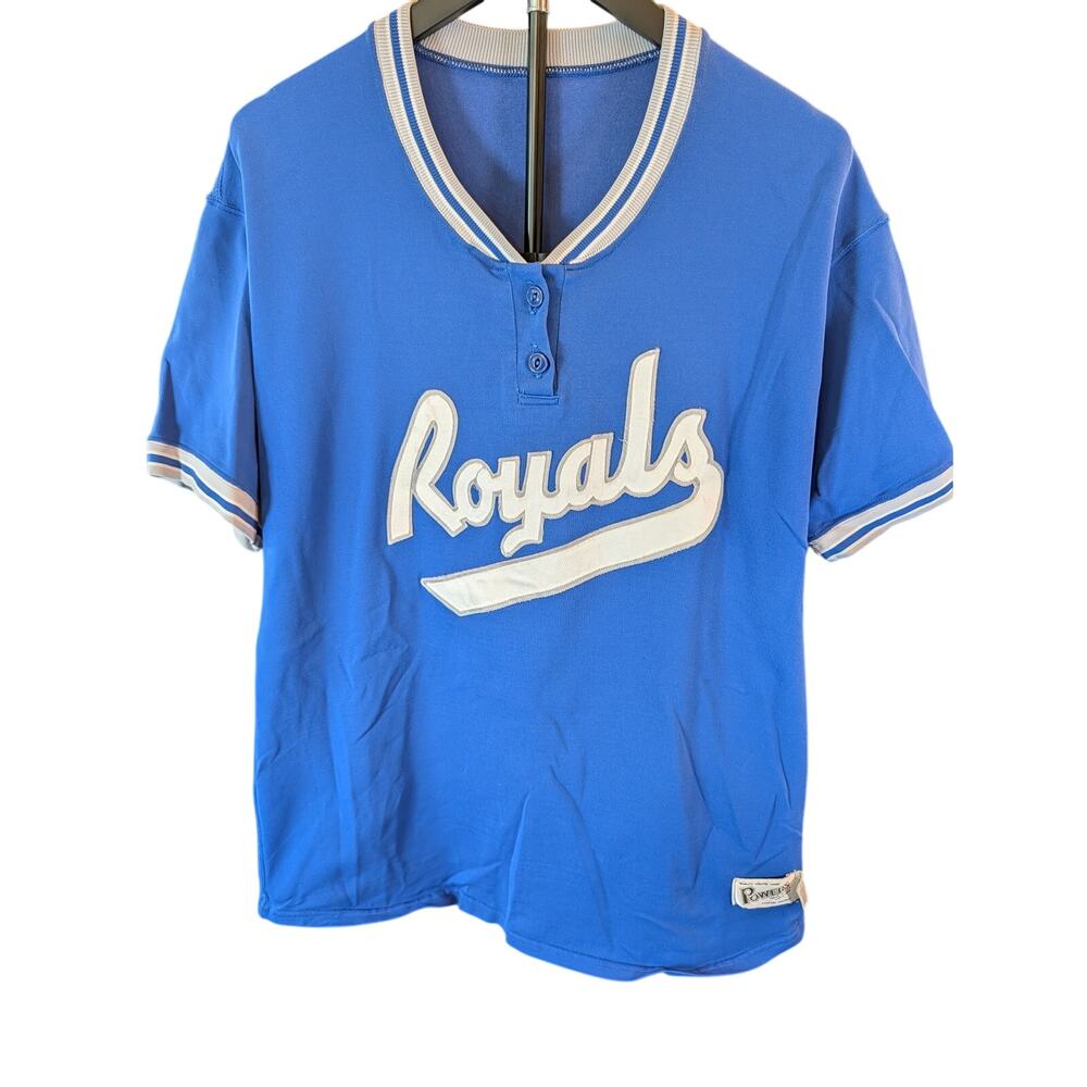 Vintage Powers Mfg Co Baseball Jersey Size 44 Blue White Royals 18 Made in USA
